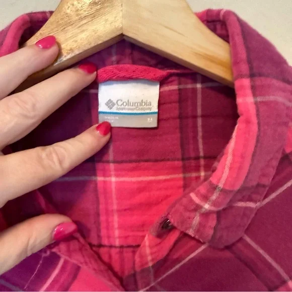 Columbia shirt Women Medium Pink Plaid Button Up Long Sleeve Button Down Cotton - Picture 3 of 7